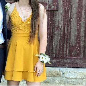 Windsor Mustard Yellow Lace V-Neck Mini Dress